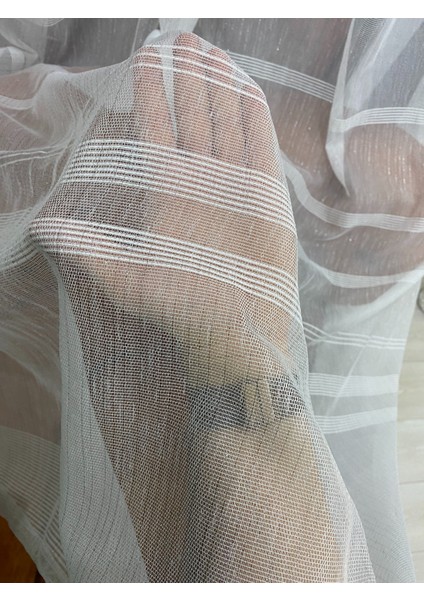 Ekru Renkli Bodrum Modern ve Şık Yatay Şeritli Gümüş Simli Tül Perde 1/3 Sık Pile fırsatları