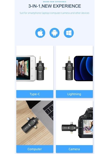 3 in 1 Wireless Type-C Lightning 3.5 mm Aux Kablosuz Yaka Mikrofonu iPhone PC Android iOS Uyumlu