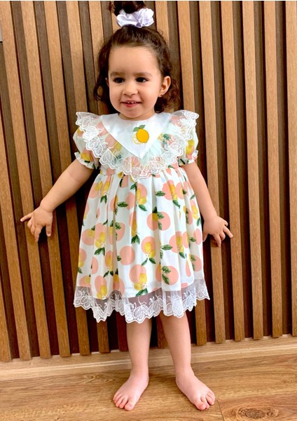 Kız Çocuk Bebek Dantelli Limonlu Fırfırlı Astarlı Şık Doğumgünü Bayram Özel Gün Elbisesi