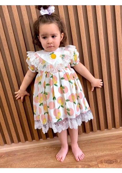 Kız Çocuk Bebek Dantelli Limonlu Fırfırlı Astarlı Şık Doğumgünü Bayram Özel Gün Elbisesi