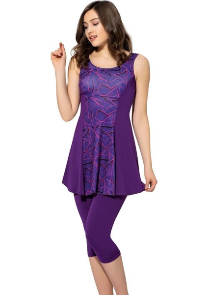 Desenli Parçalı Taytlı Elbise Mayo 6515 Desenli Mor Büyük Beden fiyatları