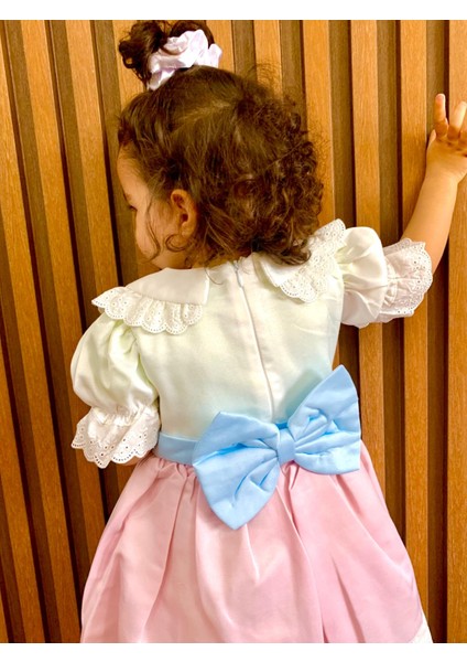 Kız Çocuk Bebek Vintage Tasarım Pembe Beyaz Doğumgünü Özel Gün Bayram Elbisesi