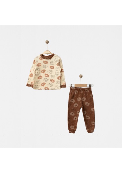 Sevimli Ayıcık Baskılı Pamuklu Unisex Dokusu Yumuşak Alt Üst Çocuk Pijama Takımı