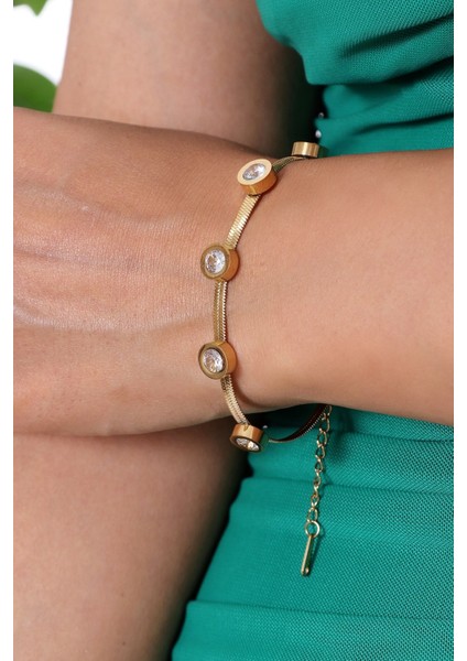 Kadın Zirkon Taşlı Yassı Zincir Bileklik