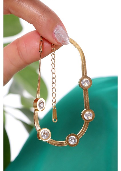 Kadın Zirkon Taşlı Yassı Zincir Bileklik modelleri