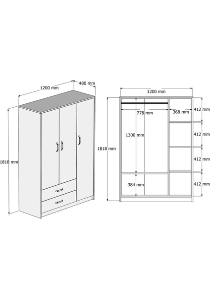 120 x 181 cm 3 Kapaklı Elbise Dolabı - Mdf Atlantik Çam Mdf