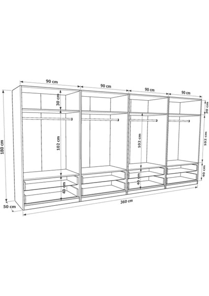 360 x 180 cm 8 Kapaklı Elbise Dolabı-Yüklük - Mdf Beyaz Mdf