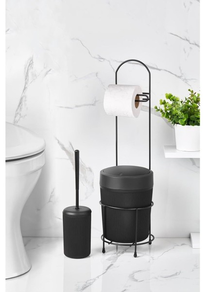 Kovalı Tuvalet Kağıtlığı, Çöp Kovalı Tuvalet Kağıdı Askısı ve Tuvalet Fırça Seti, Banyo Çöp Kovası ve Wc Fırça Seti (Siyah)