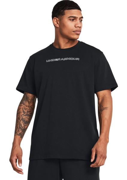 1382903-001 Ua Hw Logo Overlay Emb Siyah Erkek Bisiklet Yaka Oversize T-Shirt