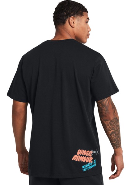 1382903-001 Ua Hw Logo Overlay Emb Siyah Erkek Bisiklet Yaka Oversize T-Shirt