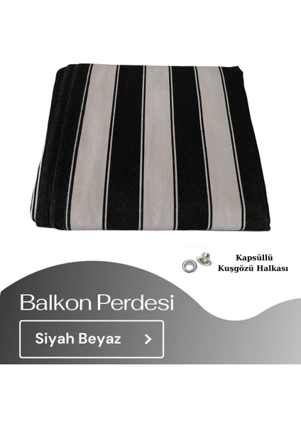 Görgülü Shop Demir Kuşgözü Halkalı ve Bağcıklı Pamuklu Kumaştan Siyah Beyaz Balkon perdesi