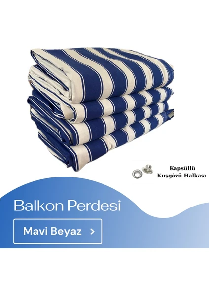 Görgülü Shop Demir Kuşgözü Halkalı ve Bağcıklı Pamuklu Kumaştan Mavi Beyaz Balkon perdesi