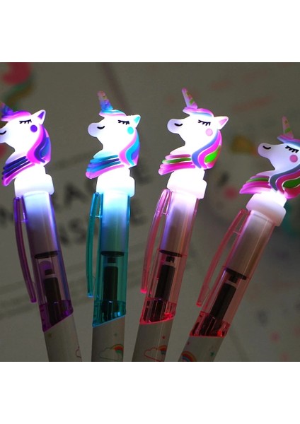 Tek Boynuzlu At Mor Tarzı Yaratıcı Karikatür Unicorn Işık Kawaii Sevimli Parlayan Tükenmez LED Kalem Öğrenci Kırtasiye Yazma Aracı Okul Malzemeleri (Yurt Dışından)