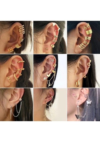 FKYSJ30049-52167 Basit C Sahte Piercing Kulak Manşetleri Kadın Erkek Kelebek Yıldız Yaprak Olmayan Delici Klip Küpe Kulak Üzerinde Klip Moda Takı (Yurt Dışından)