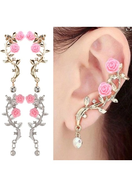 Altın Rengi Vintage Gül Çiçek Manşet Küpe Trendy Gül Çiçek Tırmanıcı Paletli Küpe Kadınlar Kız Için Sparkly Metal Yaprak Kulak Manşet (Yurt Dışından) fiyatları