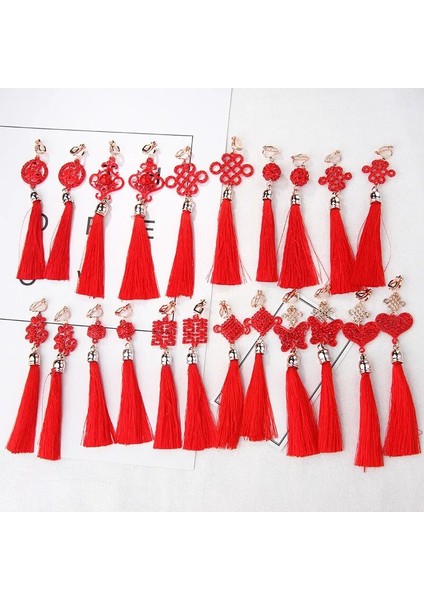 No.5 Boyutu Çin Tarzı Kırmızı Püskül Kolye Küpe Kadın Kızlar Için Moda Etnik Geometrik Charms Klip Kulak Takı Parti Hediyeler (Yurt Dışından)