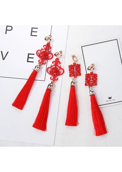 No.5 Boyutu Çin Tarzı Kırmızı Püskül Kolye Küpe Kadın Kızlar Için Moda Etnik Geometrik Charms Klip Kulak Takı Parti Hediyeler (Yurt Dışından)