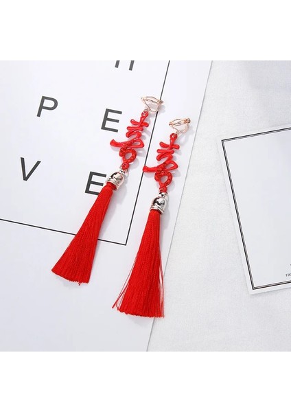 No.12 Boyutu Çin Tarzı Kırmızı Püskül Kolye Küpe Kadın Kızlar Için Moda Etnik Geometrik Charms Klip Kulak Takı Parti Hediyeler (Yurt Dışından)