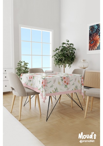 Açık Pembe Çiçek Desenli Süet Dertsiz Masa Örtüsü