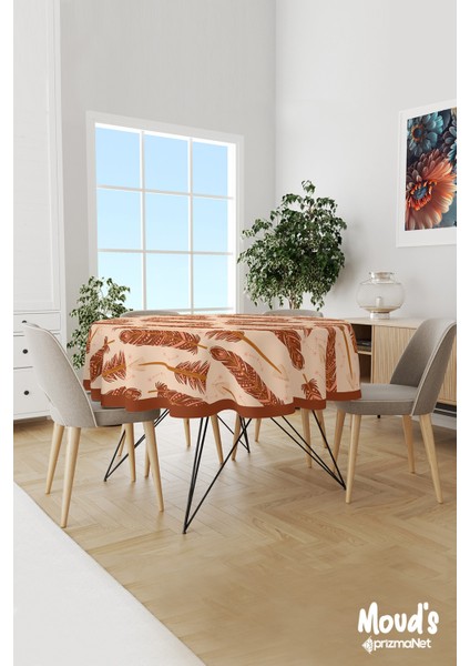 Kahverengi Bohem Desenli Yuvarlak Süet Dertsiz Masa Örtüsü