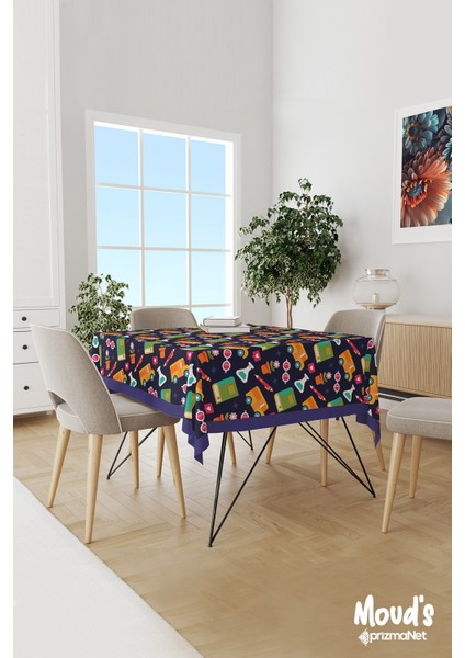 Lacivert Defter Kalem Desenli Süet Dertsiz Masa Örtüsü