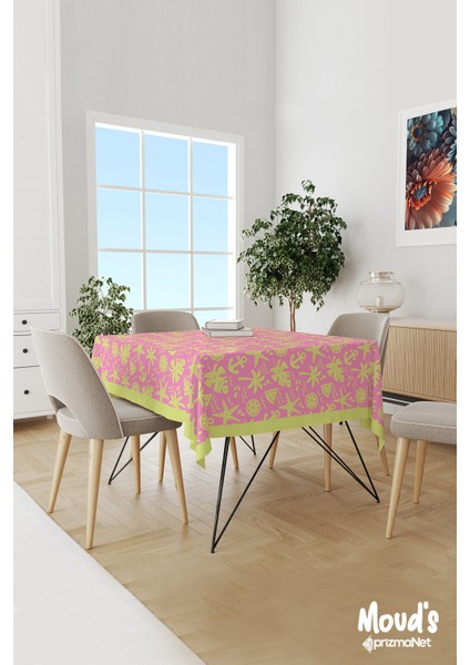 Pembe Sarı Palmiyeler Desenli Süet Dertsiz Masa Örtüsü