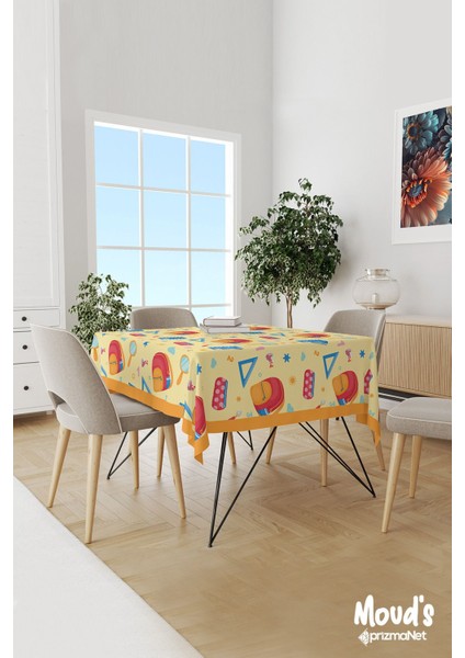 Sarı Defter ve Okul Çantası Desenli Süet Dertsiz Masa Örtüsü