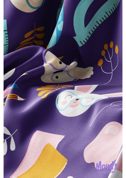 Mor Öğrenci Koala ve Tavşan Desenli Yuvarlak Süet Dertsiz Masa Örtüsü modelleri