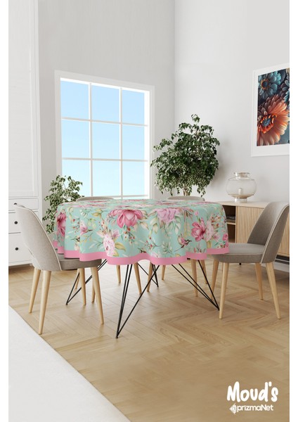 Yeşil Pembe Çiçek Desenli Yuvarlak Süet Dertsiz Masa Örtüsü