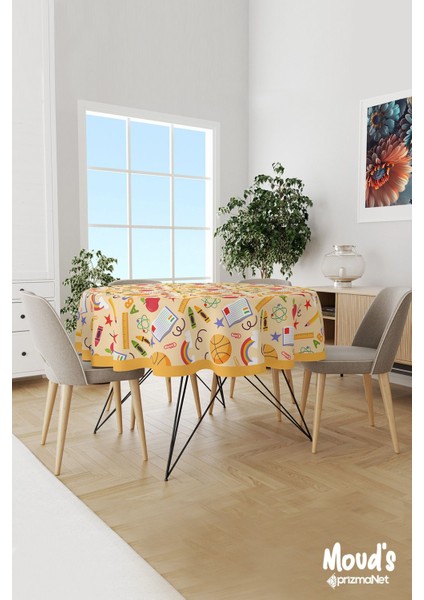 Sarı Kalem ve Basketbol Topu Desenli Yuvarlak Süet Dertsiz Masa Örtüsü