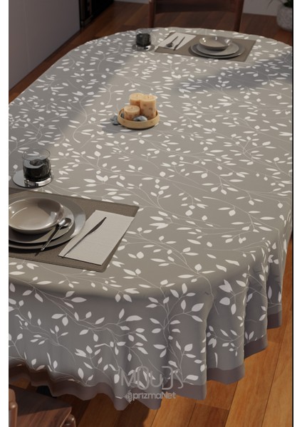 Gri Ağaç Dalları Desenli Süet Kumaş Dertsiz Oval Masa Örtüsü modelleri