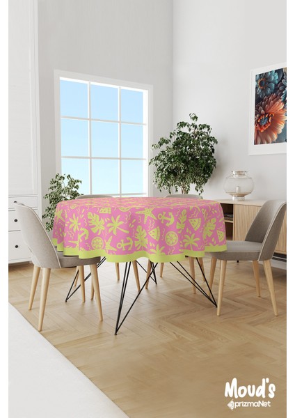 Pembe Sarı Palmiyeler Desenli Yuvarlak Süet Dertsiz Masa Örtüsü