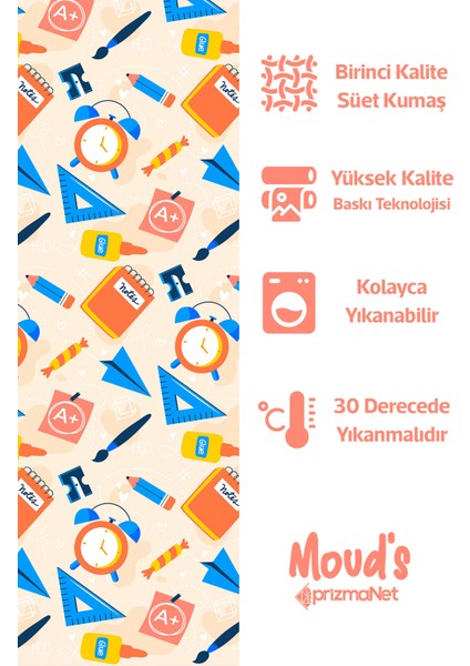 Krem Defter Kalem Cetvel Desenli Yuvarlak Süet Dertsiz Masa Örtüsü