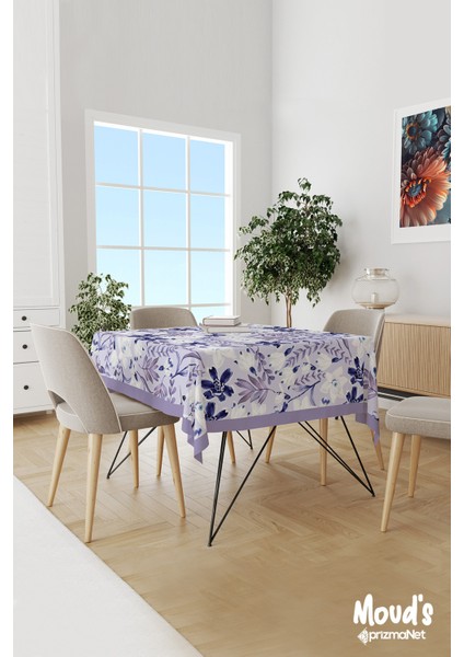 Lacivert Lila Çiçek Desenli Süet Dertsiz Masa Örtüsü