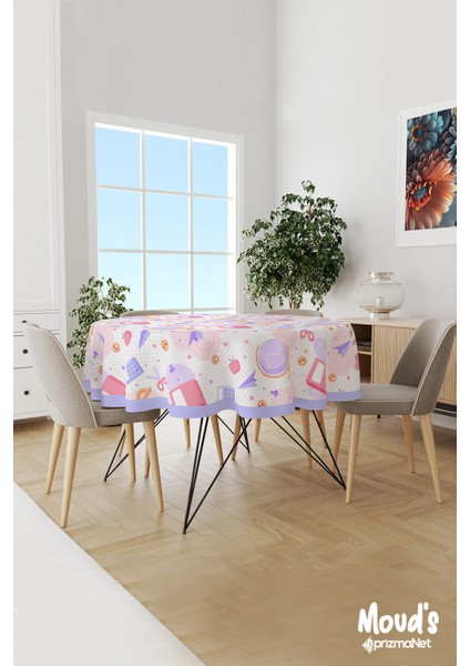 Lila Okul Malzemeleri Desenli Yuvarlak Süet Dertsiz Masa Örtüsü