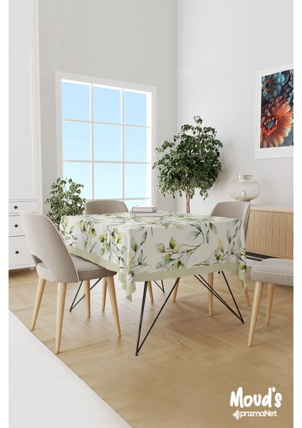 Yeşil Çiçek Demeti Desenli Süet Dertsiz Masa Örtüsü