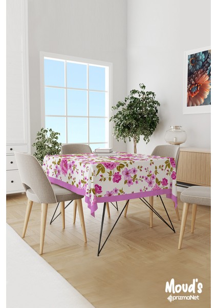 Pembe Lila Çiçek Desenli Süet Dertsiz Masa Örtüsü