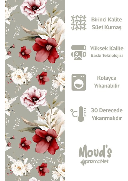 Kırmızı Yeşil Çiçek Desenli Süet Dertsiz Masa Örtüsü