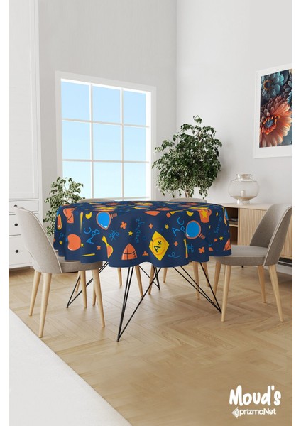 Lacivert Okul Malzemeleri Desenli Yuvarlak Süet Dertsiz Masa Örtüsü