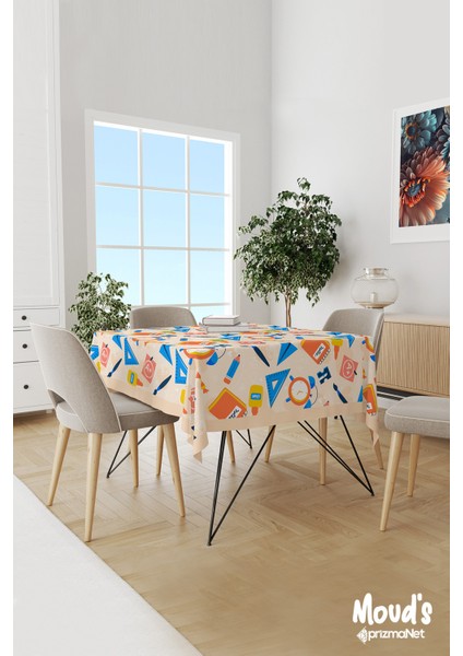 Krem Defter Kalem Cetvel Desenli Süet Dertsiz Masa Örtüsü