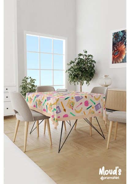 Krem Defter ve Kalem Desenli Süet Dertsiz Masa Örtüsü