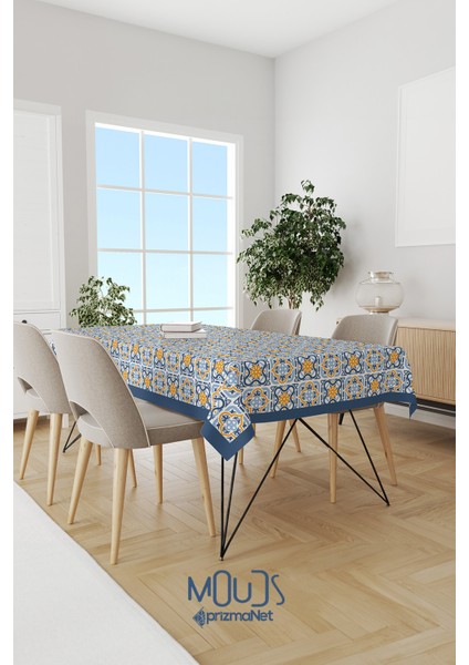 Mavi Hardal Süsleme Islamik Desenli Süet Kumaş Dertsiz Masa Örtüsü Kare ve Dikdörtgen