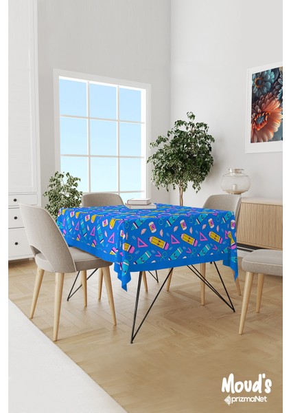 Mavi Kalem Makas Silgi Desenli Süet Dertsiz Masa Örtüsü