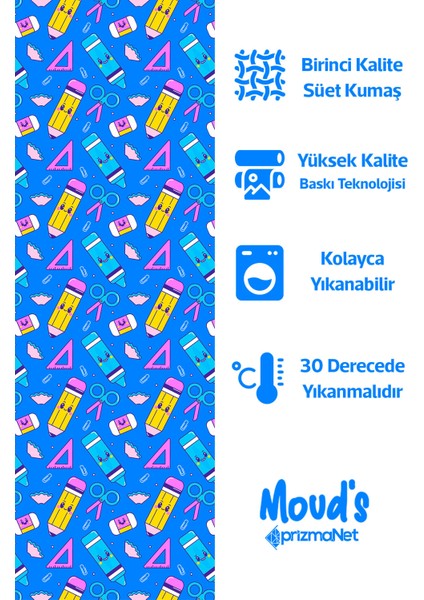 Mavi Kalem Makas Silgi Desenli Süet Dertsiz Masa Örtüsü fiyatları