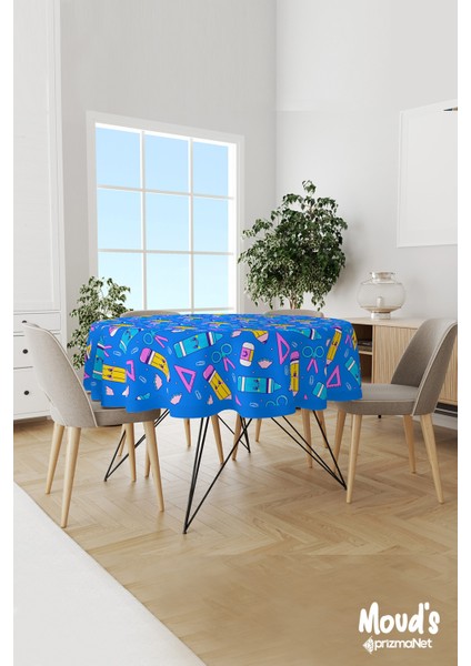 Mavi Kalem Makas Silgi Desenli Yuvarlak Süet Dertsiz Masa Örtüsü