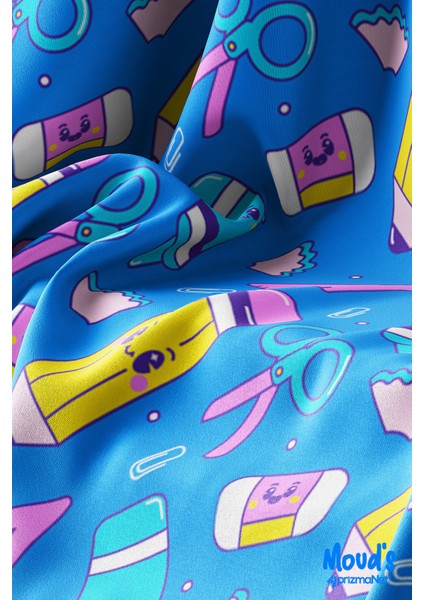 Mavi Kalem Makas Silgi Desenli Yuvarlak Süet Dertsiz Masa Örtüsü modelleri