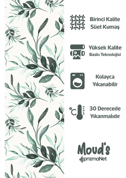 Su Yeşili Çiçek Dalları Desenli Yuvarlak Süet Dertsiz Masa Örtüsü