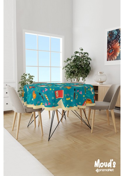 Turkuaz Okul Desenli Yuvarlak Süet Dertsiz Masa Örtüsü