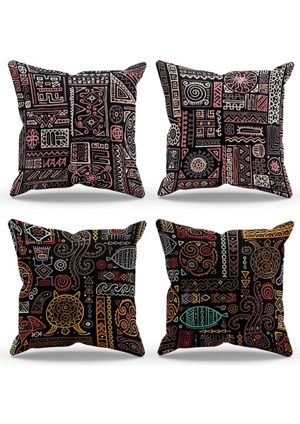 Çift Tarafı Baskılı Hitit Figür Desenli 4'lü Kombin Süet Kırlent Kılıfı