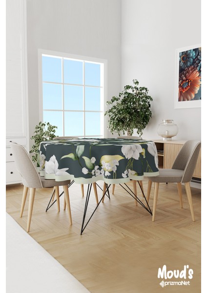 Yeşil Beyaz Çiçek Desenli Yuvarlak Süet Dertsiz Masa Örtüsü